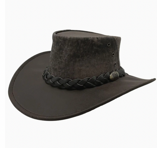 Dark brown leather hat with braided band on a white background