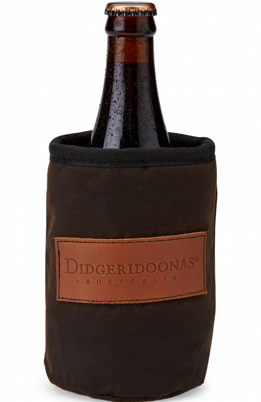 A brown stubbie holder with a brand label that reads 'Didgeridoona - Australian Made'.