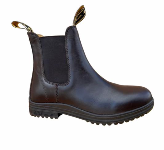 Dark brown leather boot with gold accents on a white background