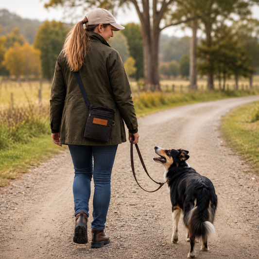 A woman wearing an olive green jacket, blue jeans, and a beige cap walks a black and white dog on a gravel path in a rural outdoor setting.
