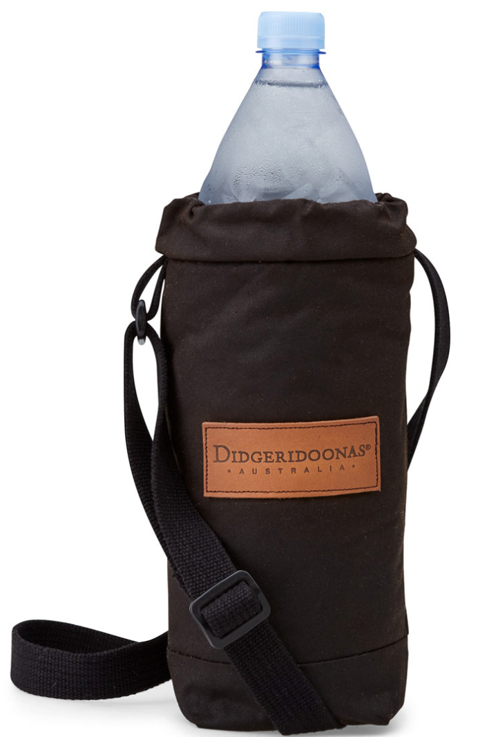 A black oilskin drink bottle cooler with a drawstring closure and a label with 'Diggerdoona' branding.