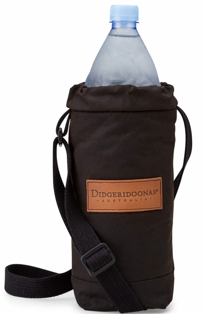 A black oilskin drink bottle cooler with a drawstring closure and a label with 'Diggerdoona' branding.