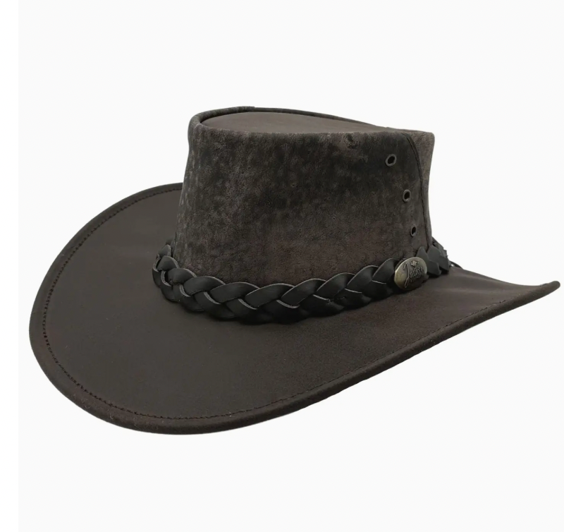 Dark brown leather hat with braided band on a white background