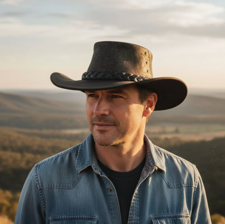 Man wearing a cowboy hat with a scenic background