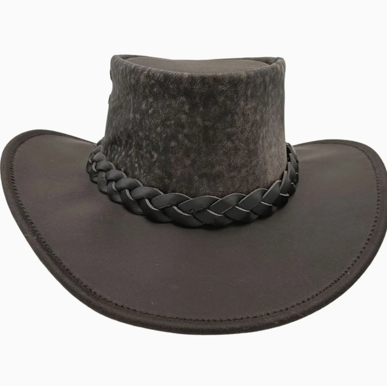 Dark brown leather hat with braided band on a white background