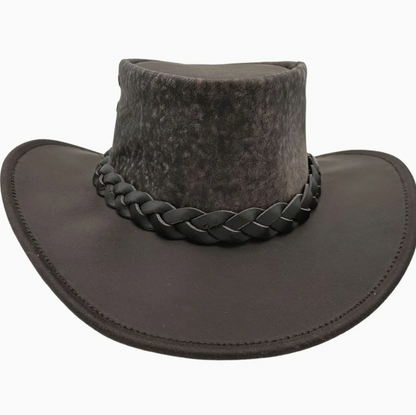 Dark brown leather hat with braided band on a white background