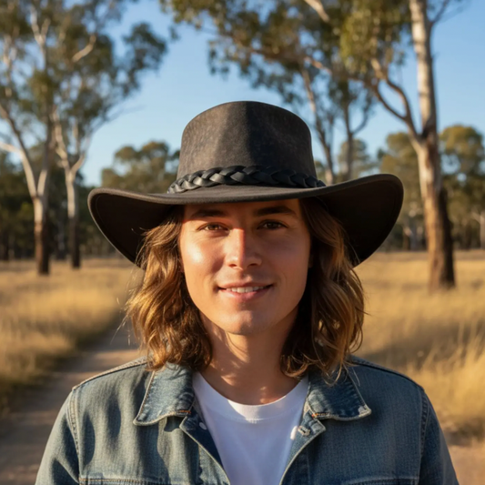 Person wearing a wide-brimmed hat in a natural setting with trees and open space.