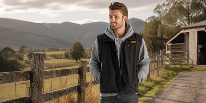 A man wearing a black zippered utility vest over a gray hoodie stands on a country path with mountains, a wooden fence, and a barn in the background.