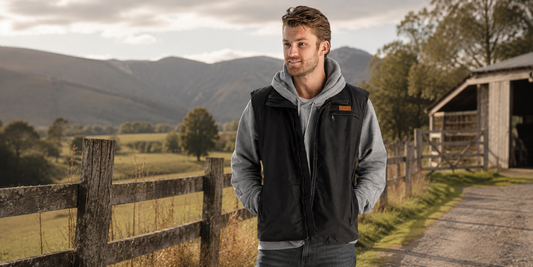 A man wearing a black zippered utility vest over a gray hoodie stands on a country path with mountains, a wooden fence, and a barn in the background.