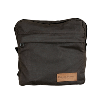 A dark brown canvas shoulder bag with a brown leather brand patch on the front, photographed against a plain white background.
