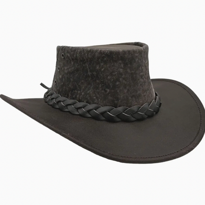 Dark brown cowboy hat with braided leather band on a white background