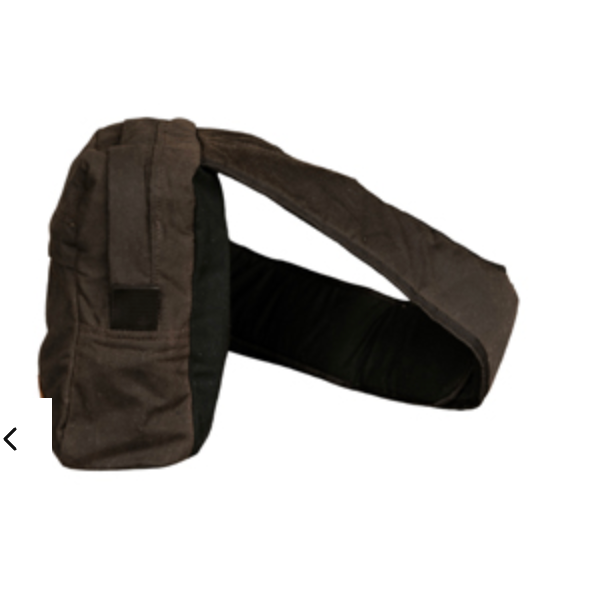 A dark brown canvas utility pouch with a wide adjustable strap, shown against a plain white background.