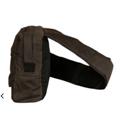 A dark brown canvas utility pouch with a wide adjustable strap, shown against a plain white background.