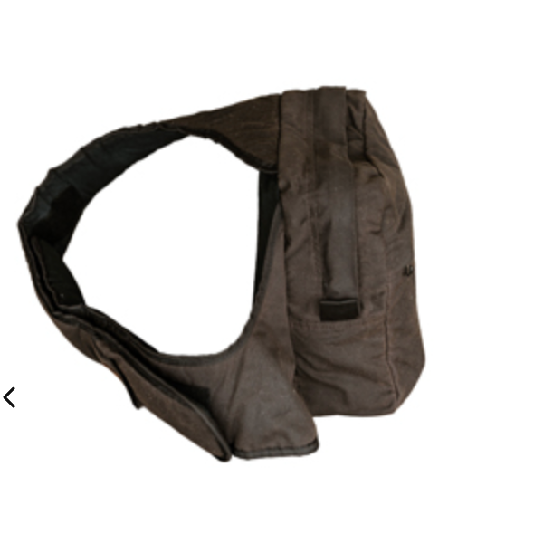 A dark brown padded shoulder bag or sling-style pouch with a wide strap, shown on a plain white background.
