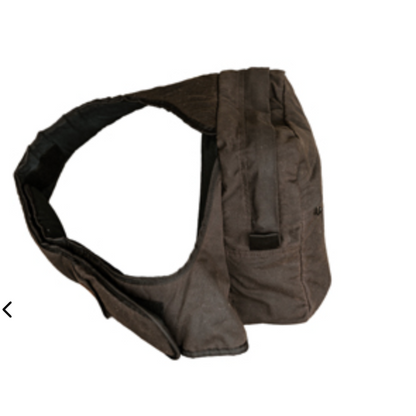 A dark brown padded shoulder bag or sling-style pouch with a wide strap, shown on a plain white background.