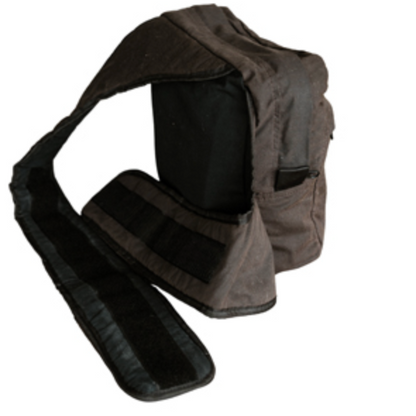 A dark brown and black padded shoulder support or sling bag with a wide adjustable strap, shown on a plain white background.