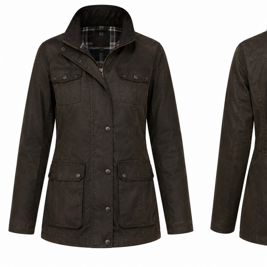 A dark brown waxed canvas utility jacket shown from both the front and back views against a plain white background.