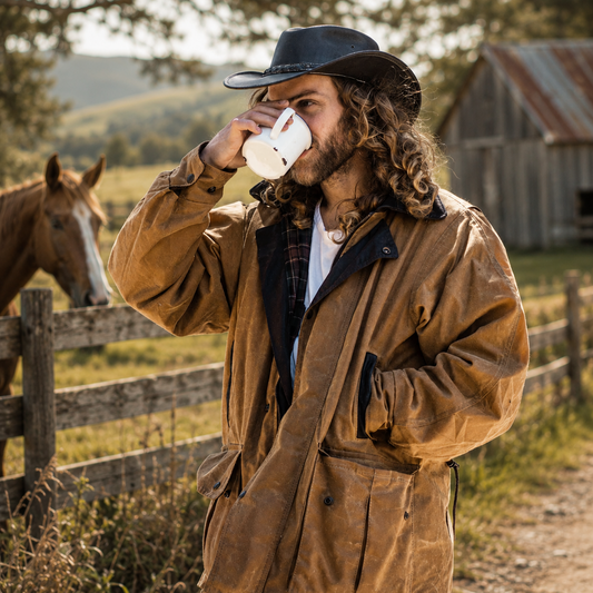 A man in a rustic outdoor setting wearing a brown waxed cotton jacket, black cowboy hat, and drinking from a white mug, with a horse and barn in the background.