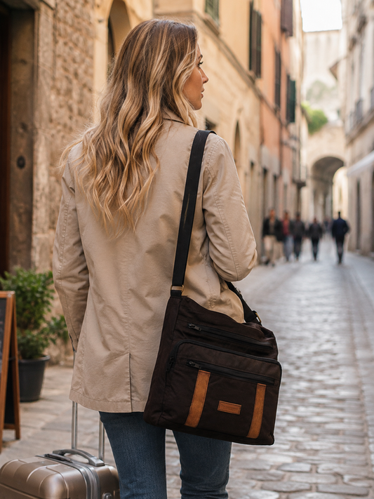 A woman in a beige trench coat and blue jeans stands on a cobblestone street, viewed from behind, carrying a dark oilskin brown crossbody bag with tan accents. She is holding a suitcase handle, with buildings and blurred pedestrians in the background.