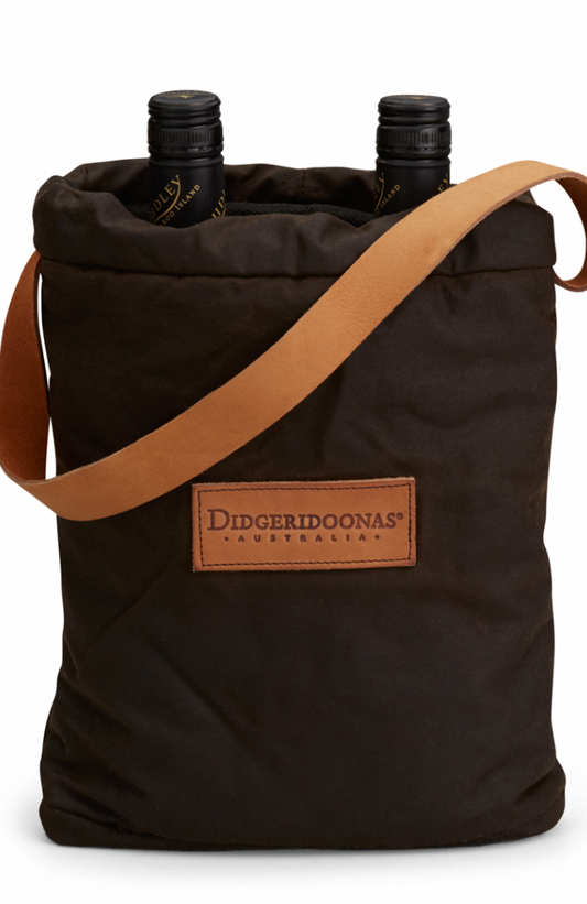 A black oilskin wine cooler bag with a leather handle and a drawstring closure, designed to hold two wine bottles.