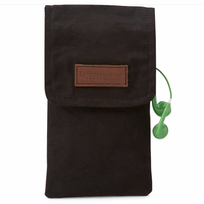 A dark brown phone pocket made of oilskin fabric with a leather strap, designed to protect a phone from water and spills.