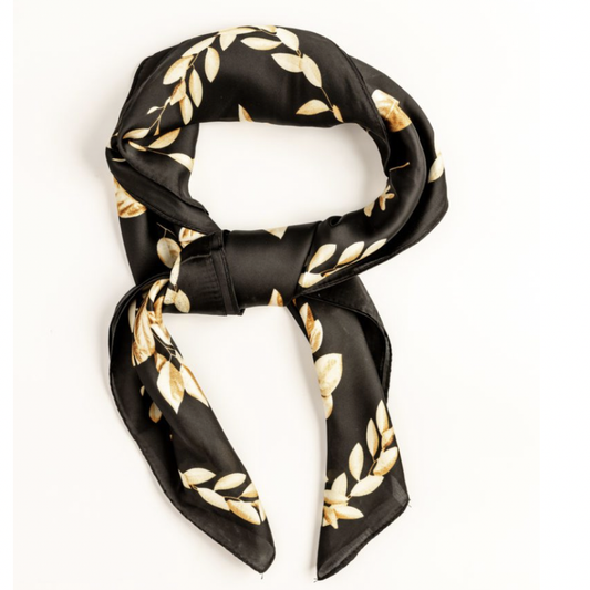 Elegant Square Black Scarf with Caramel-Toned Leaf and Fauna Motifs